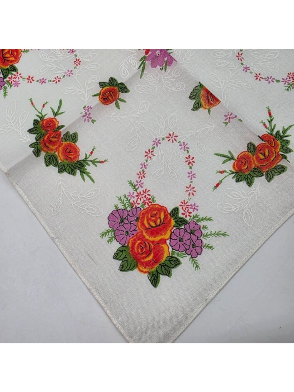 Vintage White Handkerchief With Orange Roses & Purple Floral Embroidery - Picture 5 of 5
